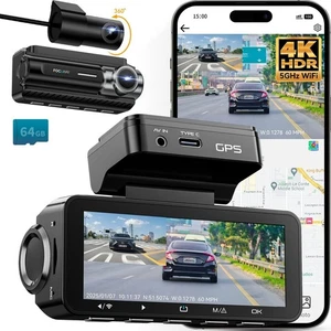 Dash Cam Front Rear 4K Built-in 5G WiFi GPS Voice Control 3.39 inch IPS Screen - Picture 1 of 8