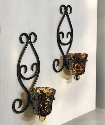 2 apliques de pared con pergamino de metal con candelabros votivos de vidrio soplado tortuga Foto 1 de 4