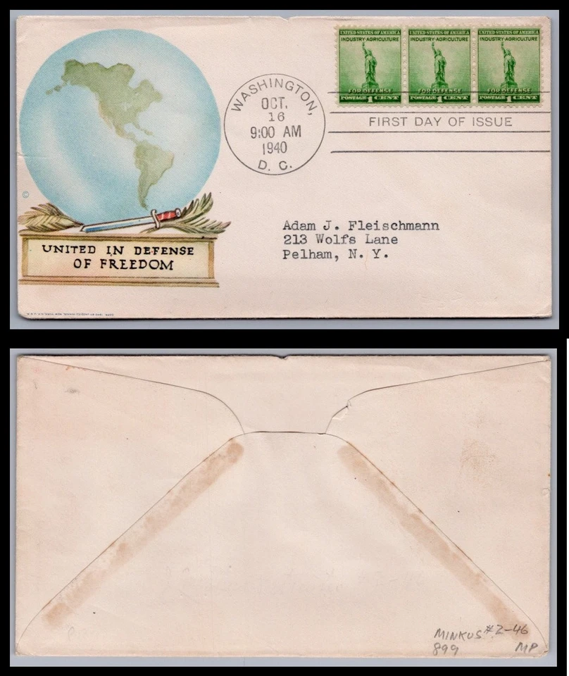US FDC # 899 1c Defense  Minkus strip of 3 Globe 1940, 0a1573 - Image 1 of 1