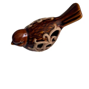 Vintage Glossy Ceramic Bird Figurine Brown Beige Hollow Cut Outs Chickadee - Picture 1 of 8
