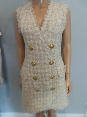 BALMAIN Light Beige Metallic Tweed/Gold Logo Button Sleeveless Dress F 36/US 4 - Image 1 of 4