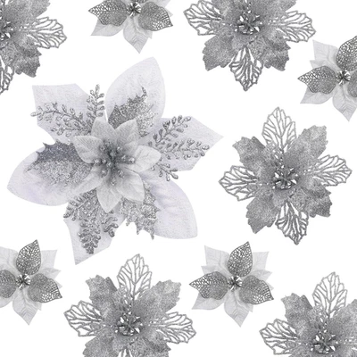 24 PIEZAS 3 Estilos 6"" Flores de Navidad Artificiales, Brillo Artificial  Foto 1 de 4