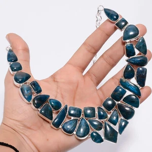 Natural Neon Blue Apatite Gemstone 925 Silver Handmade Necklace 18" ARN-733 - Picture 1 of 4