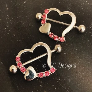 14g Pair Of Cz Pink Sparkle Two Heart Nipple Rings Body Jewelry (J163) - Picture 1 of 3
