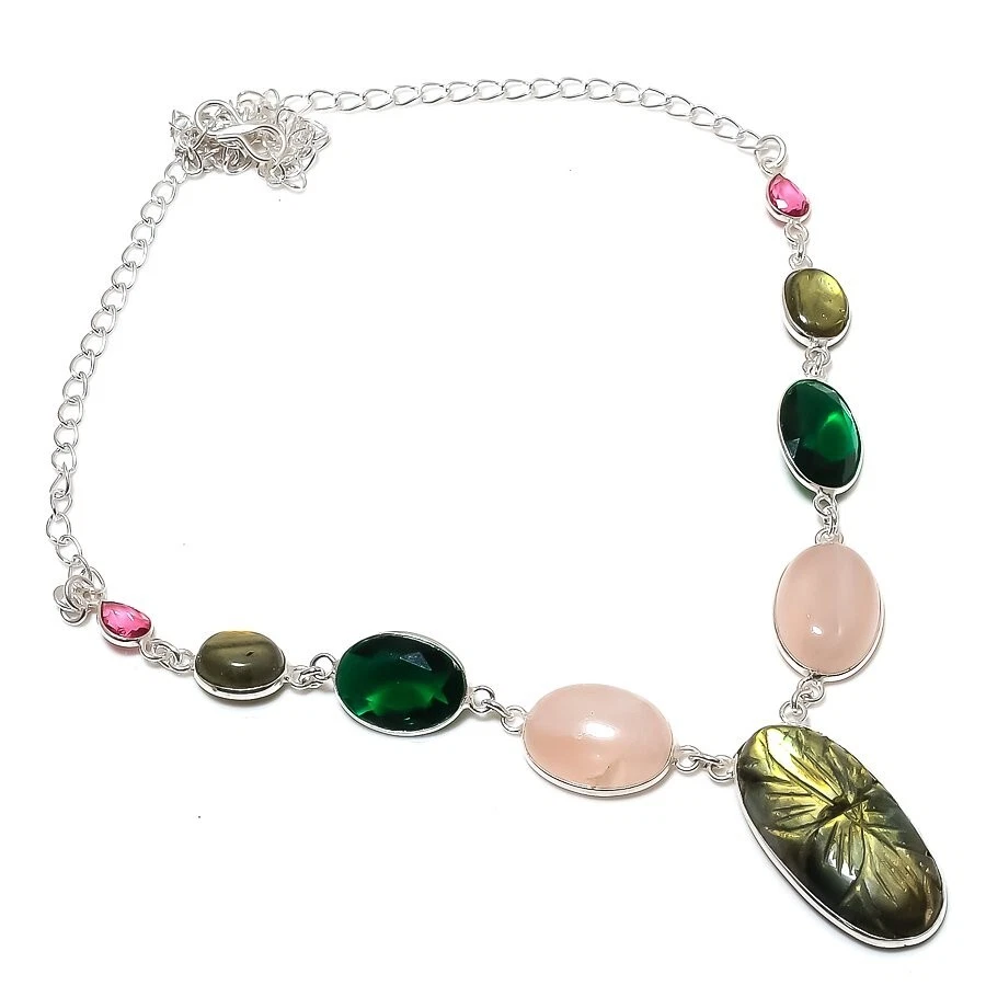 Collar de joyería de plata de ley 925 con piedras preciosas de labradorita natural tamaño 18" Foto 1 de 1