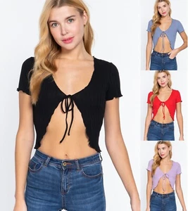Women's Short Sleeve Front Tie Lettuce Edge Variegated Rib Crop Cardigan Sweater - Picture 1 of 21