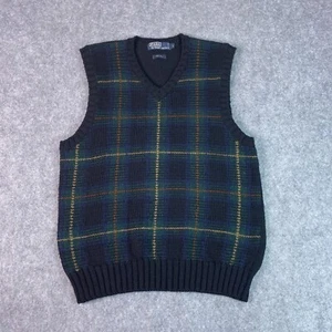 Vintage Polo Ralph Lauren Vest Mens Large Black Blue Green Plaid Wool V Neck - Photo 1/10
