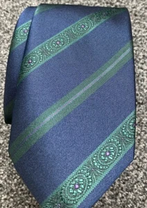 Corbata geométrica vintage a rayas azul marino verde hecha en Gran Bretaña para hombre - Imagen 1 de 5