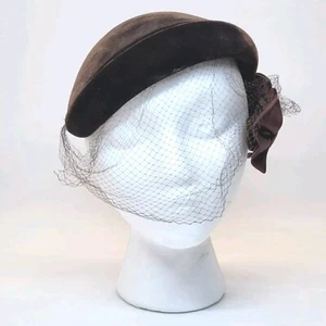 Vintage Women's Hat Brown Velour Satin Bow w veil Netting Fascinator Bramson - Picture 1 of 10