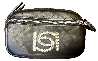 Bebe Black Quilted Zipper Pouch w Rhinestone Logo 4.5"x7.5" Wallet Purse - Image 1 of 3