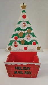 Vtg Wood Christmas Tree Card Holder Holiday Mail Box Kitsch Japan 13" Elf Santa - Picture 1 of 8