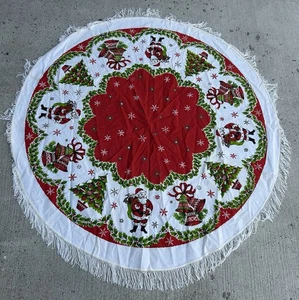 Vintage MCM Weihnachten Tischdecke Abdeckung Topper Rund Weihnachtsbäume Glocken Fransen 54" - Bild 1 von 7