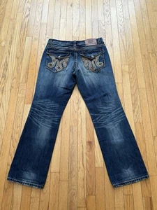 Vintage Mek Bilbao Straight Jeans Men 36x34 Thick Stitch Flap Pockets Button Fly - Picture 1 of 13