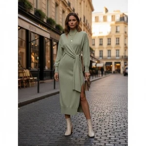 Moon River Sage Green Long Sleeve Pullover Wrap Knit Sweater Dress One Size NWT - Picture 1 of 6