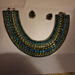 Mikey London Statement Collar & Earrings Green Blue Rhinestones Peacock Necklace - Picture 1 of 11