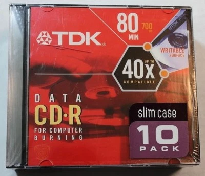 TDK 10 PACK DATA CD-R SLIM CASE 80 MINUTES 700 MB NEW SEALED - Image 1 of 2