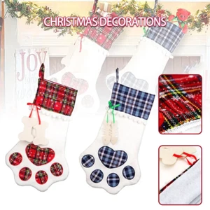 Plaid Christmas Gift Bags Pet Dog Cat Paw Stocking Socks Xmas Tree Ornaments - Picture 1 of 8