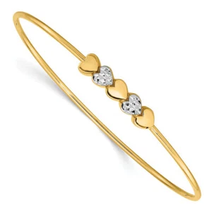 14K Solid Two Tone Gold Heart Slip On Bangle Bracelet - Picture 1 of 12
