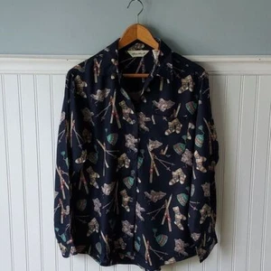 Eddie Bauer Mujer M Estampado Esquí Navidad Invierno Estampado Azul Abotonado Novedad - Imagen 1 de 6