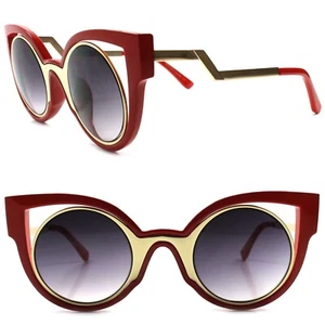 Designer Fashion Stylish Elegant Red Womens Round Lens Cat Eye Frame Sunglasses - Picture 1 of 4