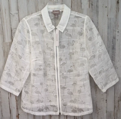 NWT Chicos Flamingo Burnout Jacket Large White Full Zip Sheer 3/4 Sleeve Resort - Image 1 of 4
