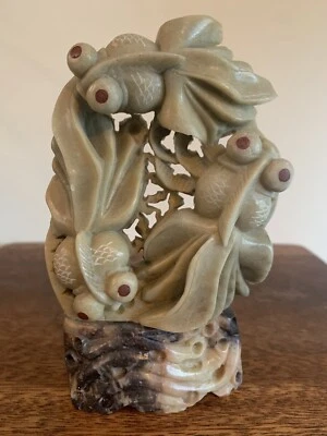 Изысканная винтажная резьба по китайскому мыльному камню ручной работы из 3 кои/золотых рыбок 5,5 дюйма - Изображение 1 из 4