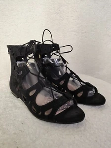 Call It Spring Women Sandals 10 Black Faux Suede Zip Up Gladiator Flat Shoes - Picture 1 of 22