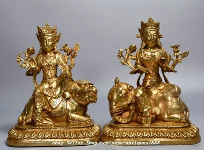 9.8" Old Chinese Bronze Gilt Wenshu Puxian Kwan-yin Lion Elephant Buddha Pair - Image 1 of 4