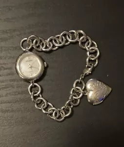 Gruen Watch Women Silver MOP Face Heart Locket On Chain - Picture 1 of 8