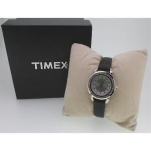 Timex Mujer Pulsera Acero Inoxidable Cuero Plata Negro 28mm Cuarzo Mineral