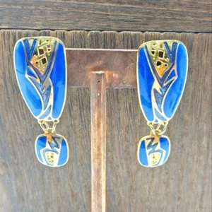 90er Designer Edgar Berebi blaue Emaille Ohrringe durchbohrt goldfarben Berebi Hänger - Bild 1 von 7