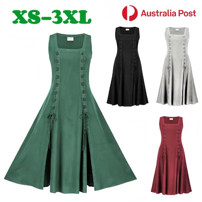 Womens Medieval Cosplay Costume Dress Viking Apron Vintage Sleeveless Party AU Foto 1 de 4