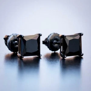 Men’s Princess Cut Small CZ Black Solitaire Onyx Screw Back Stud Earrings - Picture 1 of 4