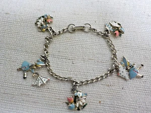 Vintage '50's Young Girls Enamel Charm Silvertone Bracelet Fold-Over Clasp - Picture 1 of 9