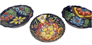 Vintage Pottery Bowls Trinket & Turkish Set Of Three Raised Relief Hand Painted - Picture 1 of 16