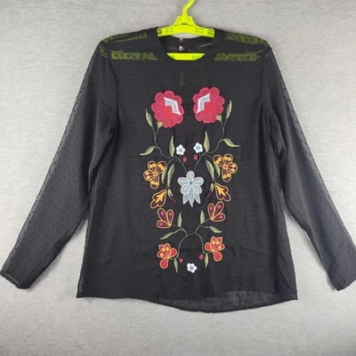 Grace Elements Shirt Womens Small Black Sheer Swiss Dot Embroidered Floral Boho - Image 1 of 4