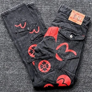 EVISU Grunge Jeans Black Denim Button Fly Abstract Pockets Streetwear 30x32 - Picture 1 of 15