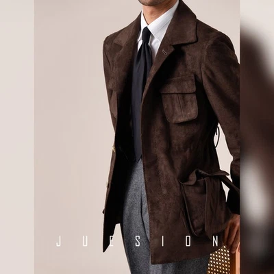 Mens Suit Collar Suede Jacket Winter Business Casual Slim Fit Waist Work Jacket - Image 1 of 4