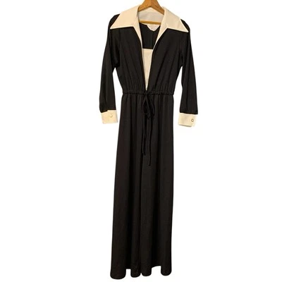 Vtg 70s Jumpsuit Pointy Collar Wide Leg Palazzo Long Sleeve Poly Knit Tag 14 USA - Image 1 of 4