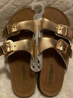 New Seranoma Gold Shiny Slide Sandals Slip ons Cork Sole Adjustable womens sz 11