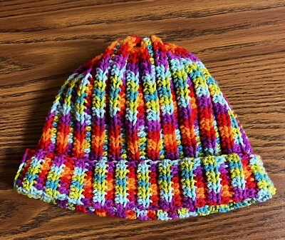 Handmade Crochet Rainbow Multicolor Beanie Music Festival Hat Ski Cap - Image 1 of 3