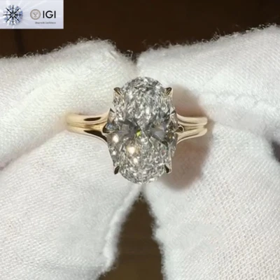 Помолвочное кольцо из чистого 14-каратного желтого золота с выращенным в лаборатории овальным бриллиантом E VS1 IGI 3,30 карата - Изображение 1 из 4