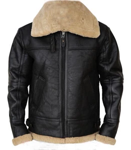 Men's RAF B3 Pilot Flight Aviator Black Sheepskin Leather Shearling Style Jacket - Picture 1 of 4