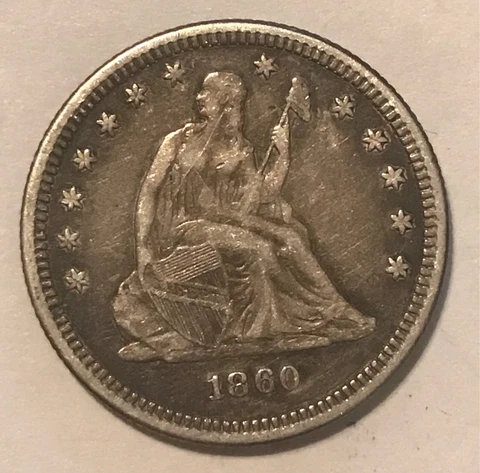 1860  Seated Liberty quarter, VF / XF Cover
