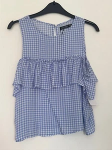 BNWT Bershka Blue Checked Cold Shoulder Top Size M  - Picture 1 of 5