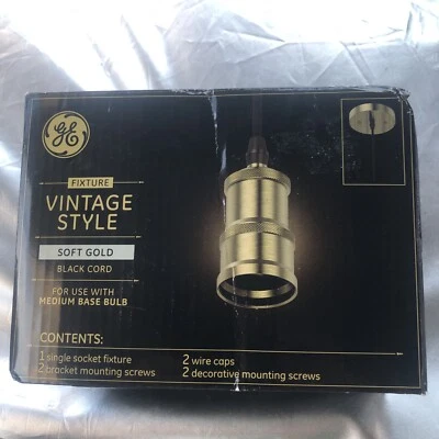 GE Vintage Pendant Light Fixture Soft Gold Black Cord for Medium Base Bulb - Image 1 of 4