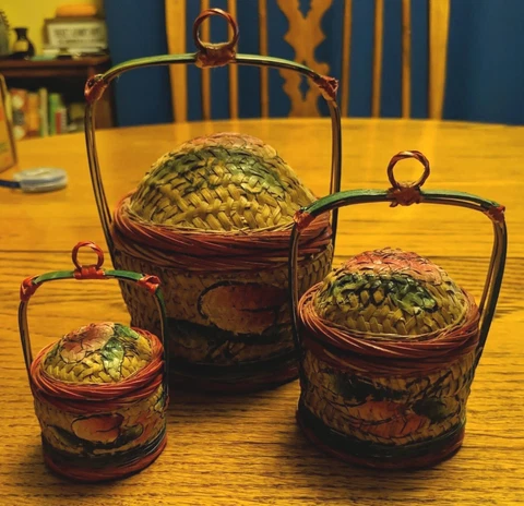 Set Of Three Trio Vintage Woven Hand Painted Mini Baskets China Numbered Cover