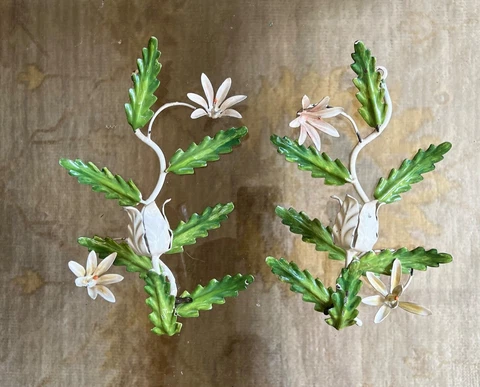 Pair of Vintage Tole Floral Candle Wall Sconces - Italy Cover