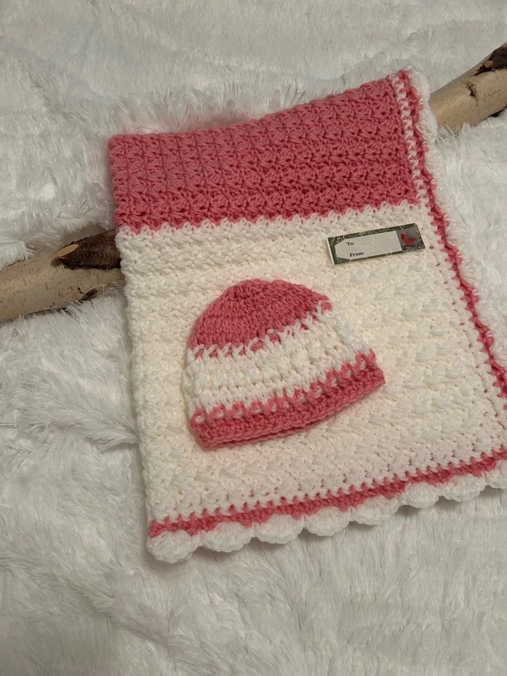 Handmade Crochet Baby Blanket Set With Hat/Beanie Shower Gift - Image 1 of 1