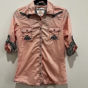 Camisa Roar Rosa Adornada Animal Y2K Rodeo Western Abotonada Grande Cruz Talla L - Imagen 1 de 11